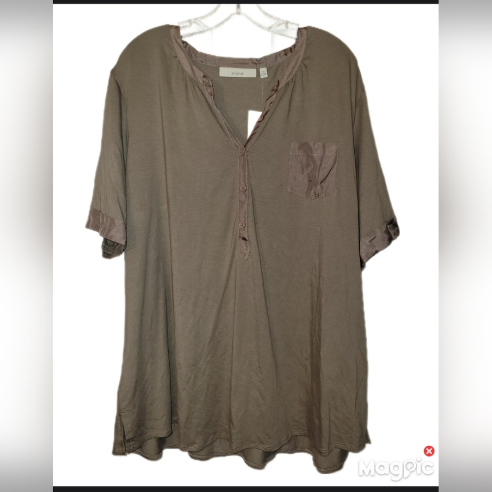 Sejour Rustic Brown Short Cuffed Sleeve Pullover Tunic Blouse Size 3X Satin Trim